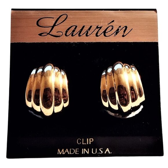 3/4' Rib Lined Half Hoop Clip On Earrings Vintage Polished Gold Tone Domed Curve - Picture 1 of 3